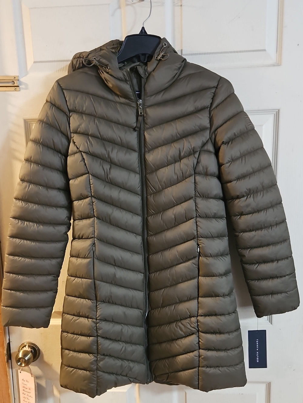 TOMMY HILFIGER GREEN LONG PUFFER COAT: NEW WITH TAGS: SIZE S